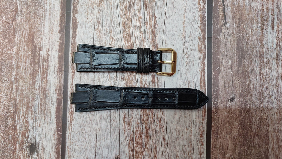 Black Crocodile Leather Custom Notched Strap For Omega Geneve 166.0174 Watch