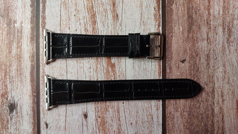 Black Full Grain Crocodile Leather Strap For Apple Watch Series 8 (45mm)