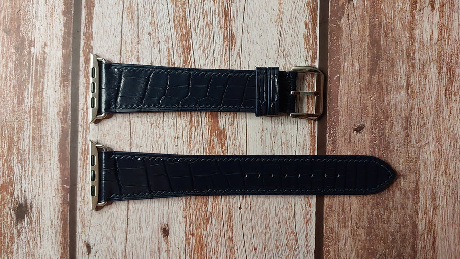 Dark Blue Full Grain Crocodile Leather Strap For Apple Watch Series 8 (45mm)