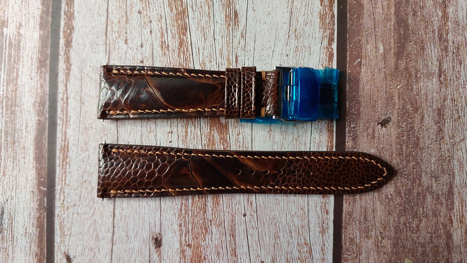 Dark Brown Full Grain Ostrich Leg Leather Strap For SEIKO Ignition SBHP017 Watch