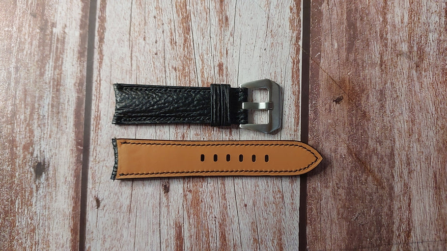 Black Sharkskin Leather Custom Curved End Watch Strap