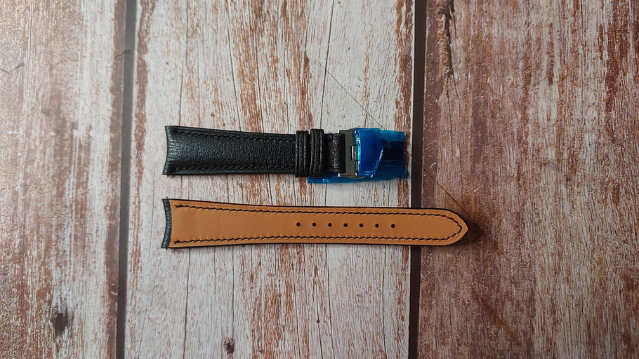 Black Alran Leather Custom Curved End Watch Strap For GP World Time Watch