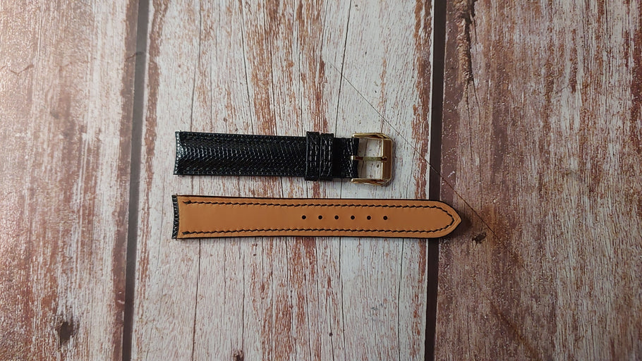 Black Lizard Leather Custom Curved End Watch Strap For Gold Movado Watch