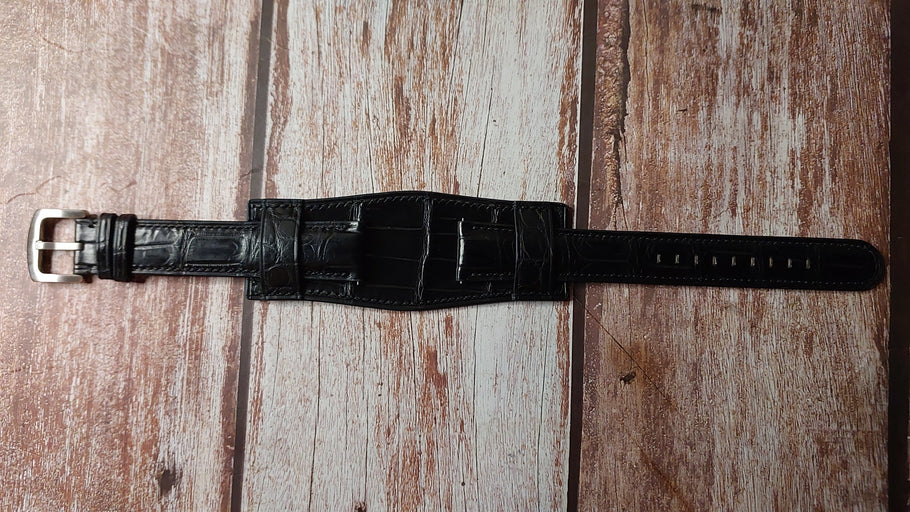 Black Full Grain Crocodile Custom Leather Strap For Bulova Sutton Models 96B310 and 96B420 Watch