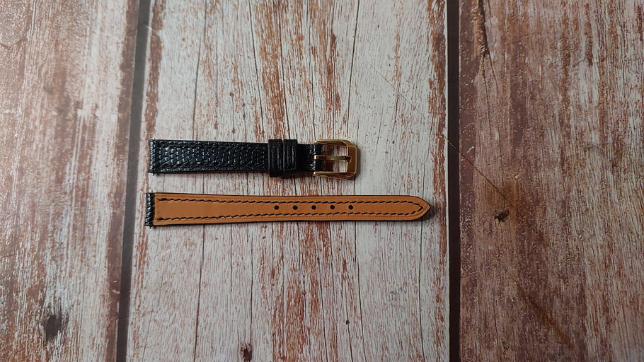 Black Lizard Leather Custom Curved End Watch Strap For Vintage Gucci Watch