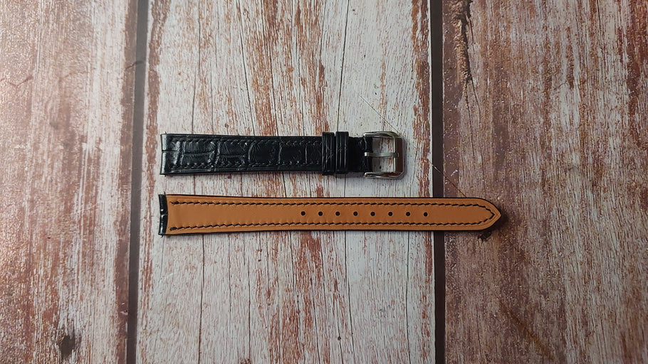 Black Crocodile Leather Custom Curved End Watch Strap For Tiffany 18kt Gold Ladies Watch