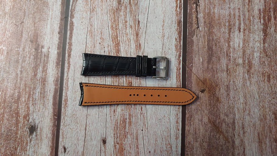 Black Crocodile Leather Custom Curved End Watch Strap