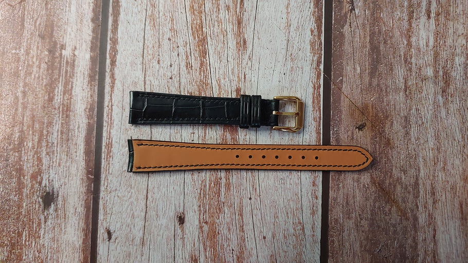 Black Crocodile Leather Custom Curved End Watch Strap For Baume Mercier Vintage Watch