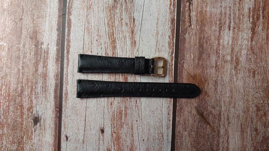 Black Full Grain Ostrich Custom Leather Strap For 1971 Gold Rolex Oyster Perpetual Date Watch