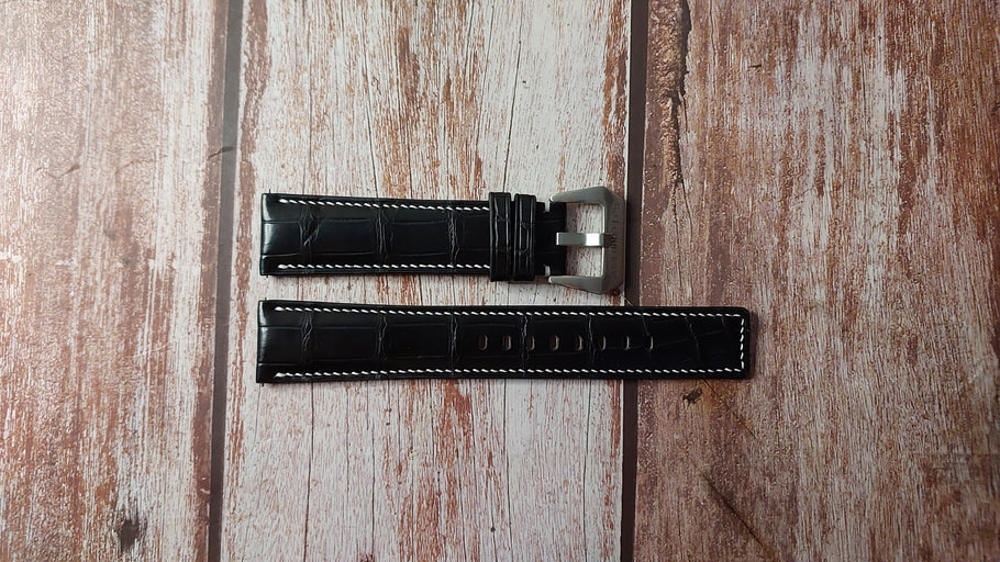 Black Full Grain Crocodile Custom Leather Strap For Shinola Runwell Sport Watch