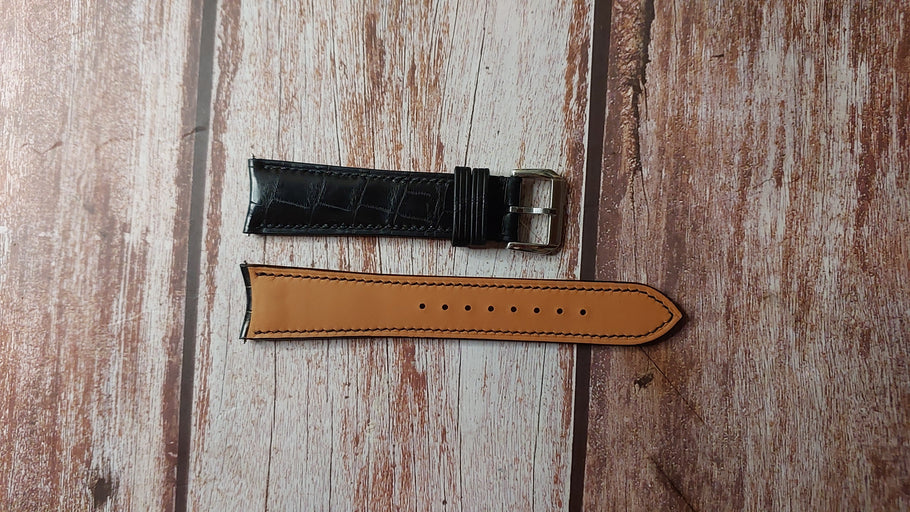 Black Crocodile Leather Custom Curved End Watch Strap For Breitling Navigator Watch