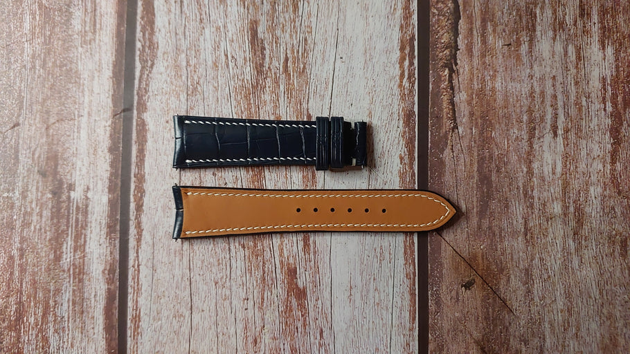 Dark Blue Crocodile Leather Custom Curved End Watch Strap