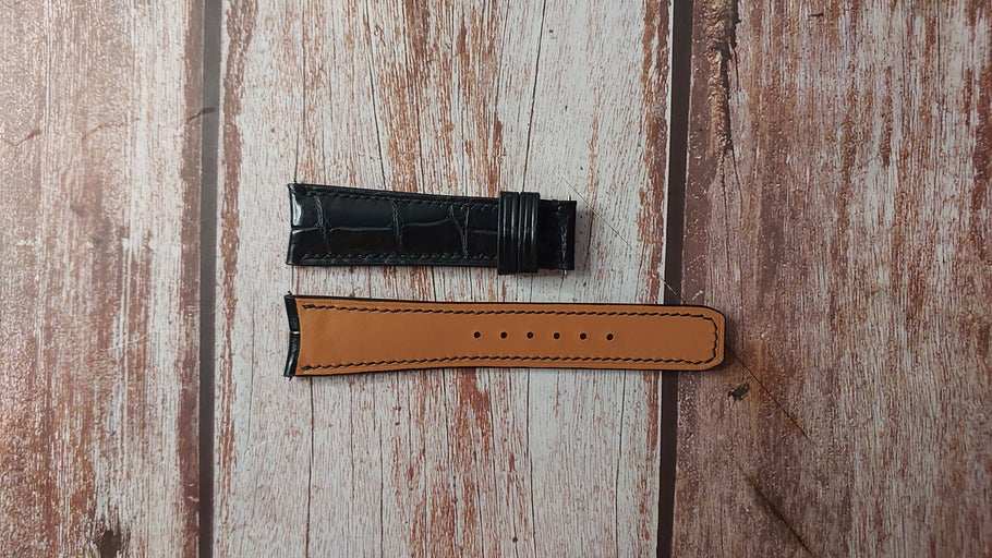 Black Crocodile Leather Custom Curved End Watch Strap