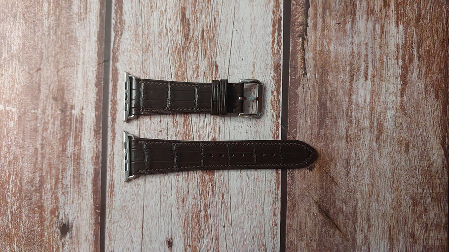 Brown Full Grain Crocodile Custom Leather Strap For Apple Watch Series 8 (45mm)