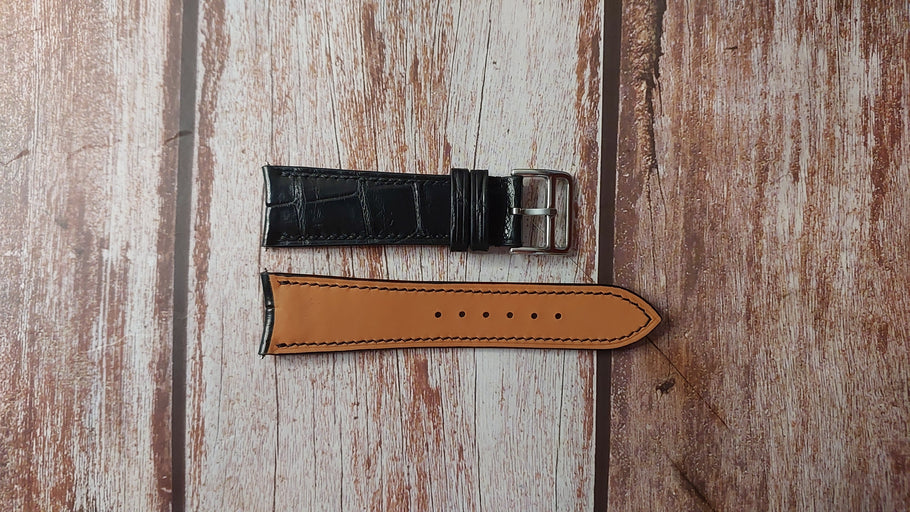 Black Crocodile Leather Custom Curved End Watch Strap