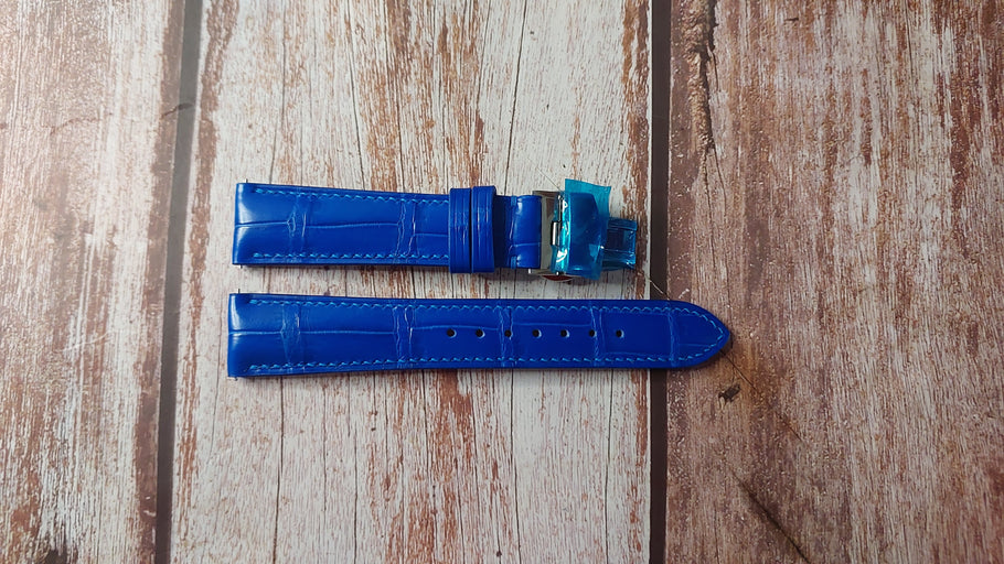 Blue Full Grain Crocodile Custom Leather Strap For Wise GMT Watch