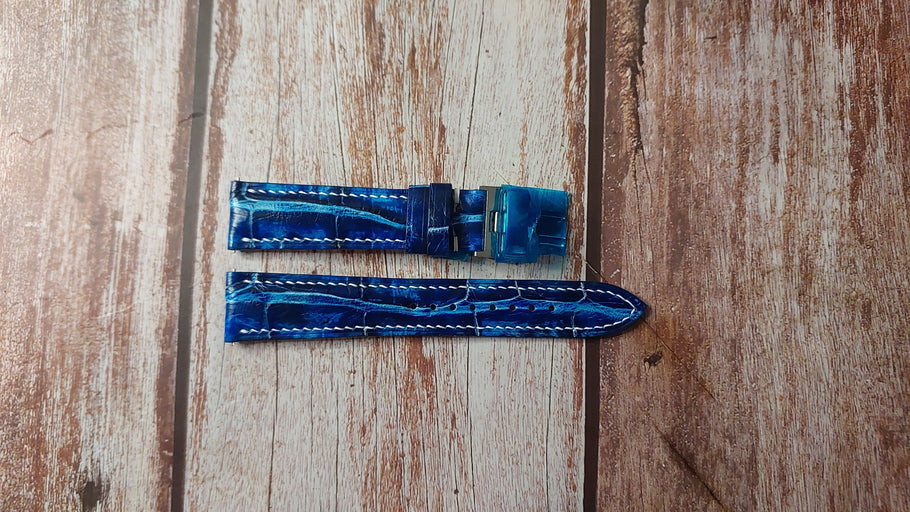 Electric Blue Full Grain Crocodile Custom Leather Strap For Wise GMT Watch