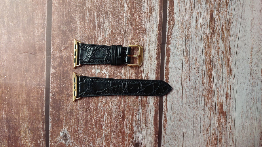 Black Full Grain Crocodile Custom Leather Strap For Apple Watch Series 9 (41mm)