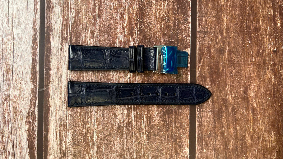 Crocodile Leather Watch Strap - Dark Blue for Nomos 802, height 9.7mm