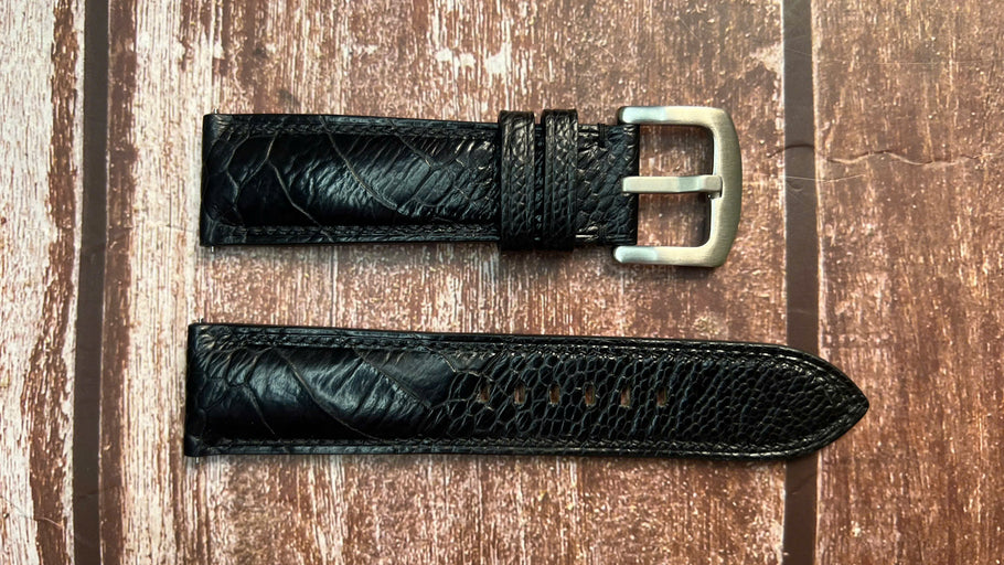 Ostrich Leg Leather Watch Strap - Black For Hanhart Pioneer One Blue 22mm lugs