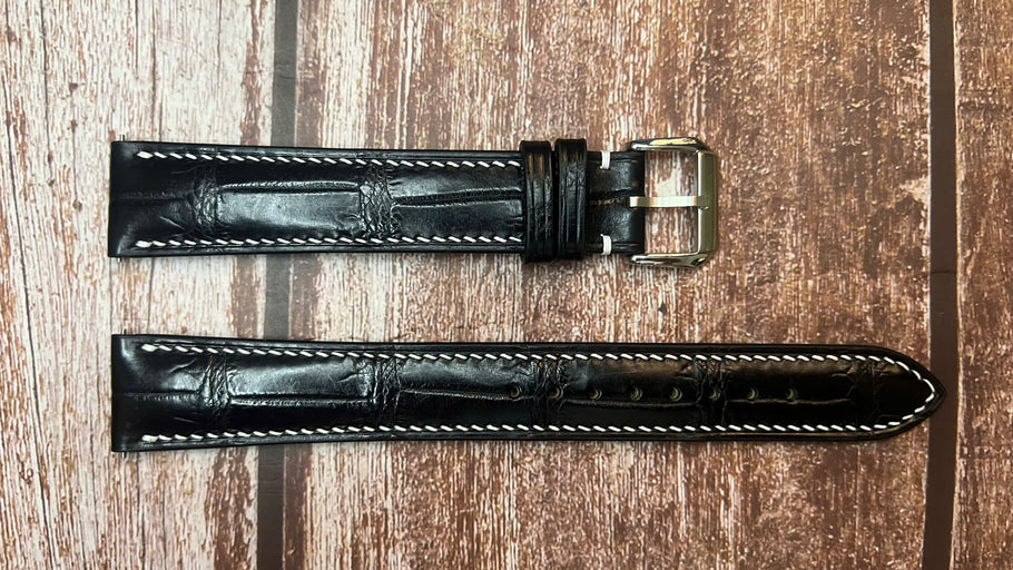 Crocodile Leather Watch Strap - Black For Longines Heritage 1954 Black Dial Pilot Chronograph