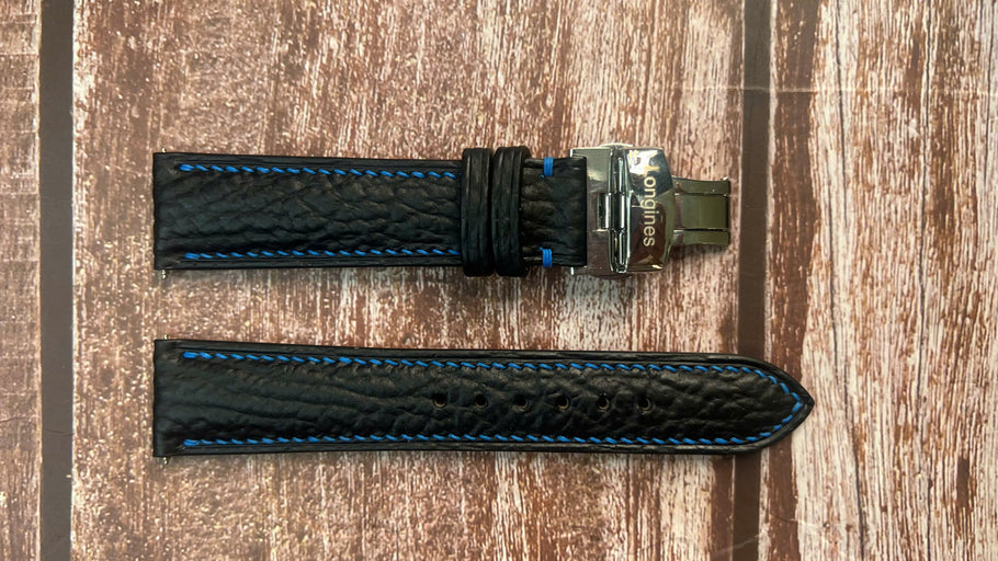 Shark Skin Watch Strap - Black for Longines BigEye Avigation