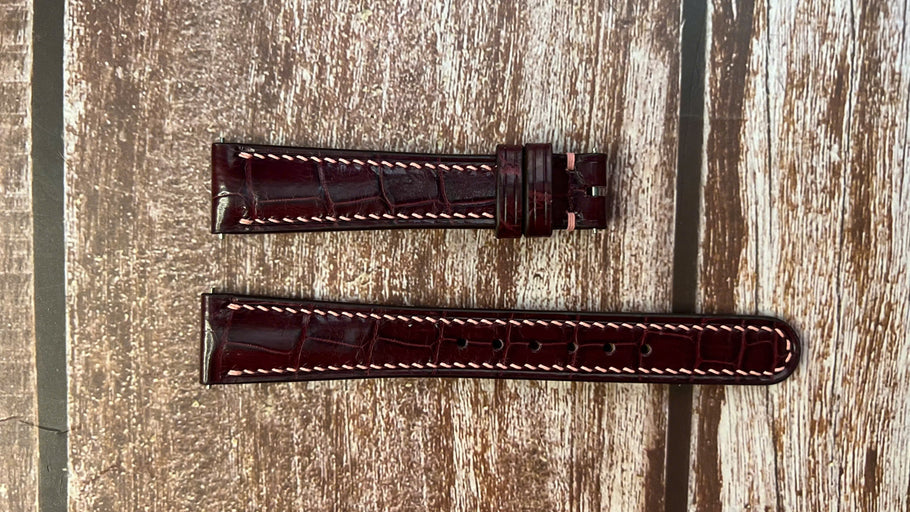 Crocodile Leather Watch Strap - Burgundy for Patek 1930's Rectangular Rose Gold