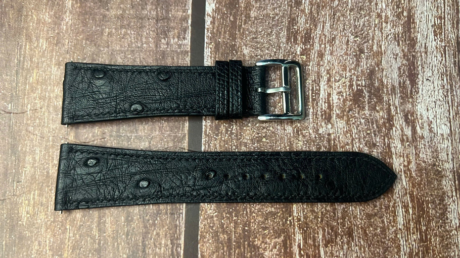 Ostrich Leather Watch Strap - Black for Longines Heritage 24hr watch 47.5mm