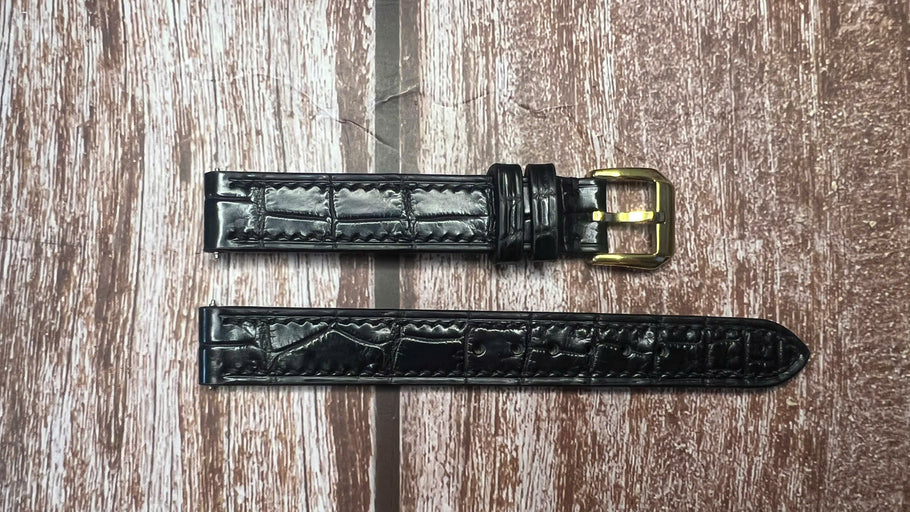 Crocodile Leather Watch Strap - Black For Antique Gold Elgin