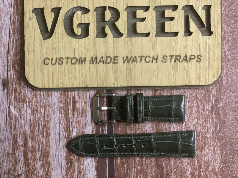 Crocodile Leather Watch Strap - Dark Sage For Actual wrist measurement 5.1”