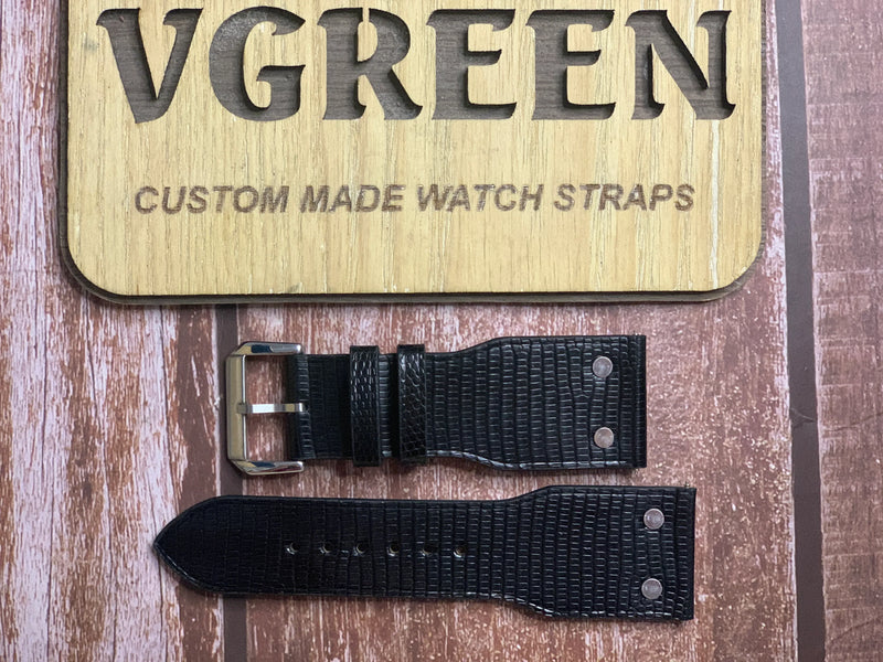 Lizard Leather Watch Strap - Black For vintage oval watch dial face 50mm