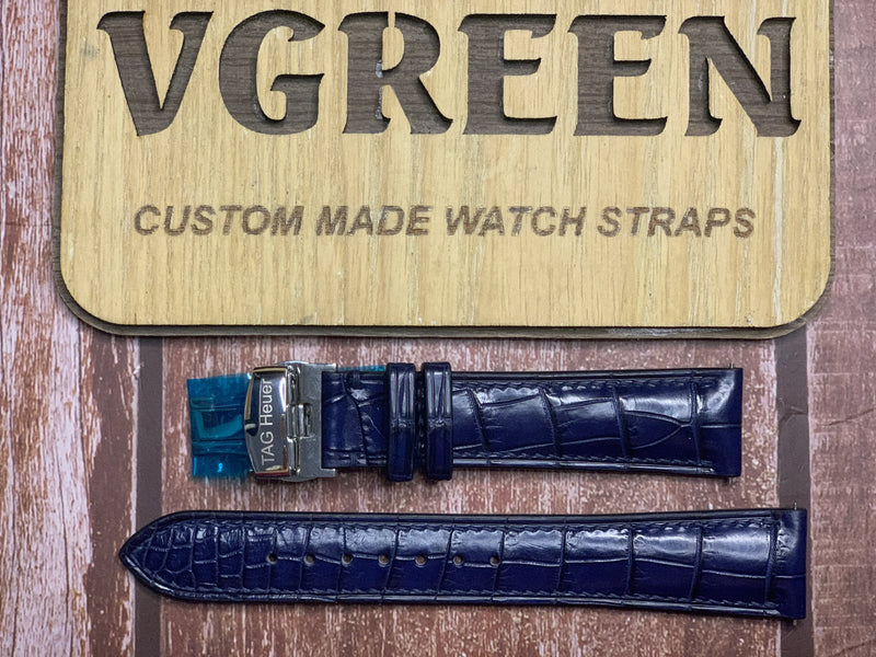 Crocodile Leather Watch Strap - Dark Blue for Tag Heuer Carrera Twin-Time GMT Stainless Steel Blue Dial Automatic WBN201A.BA0640