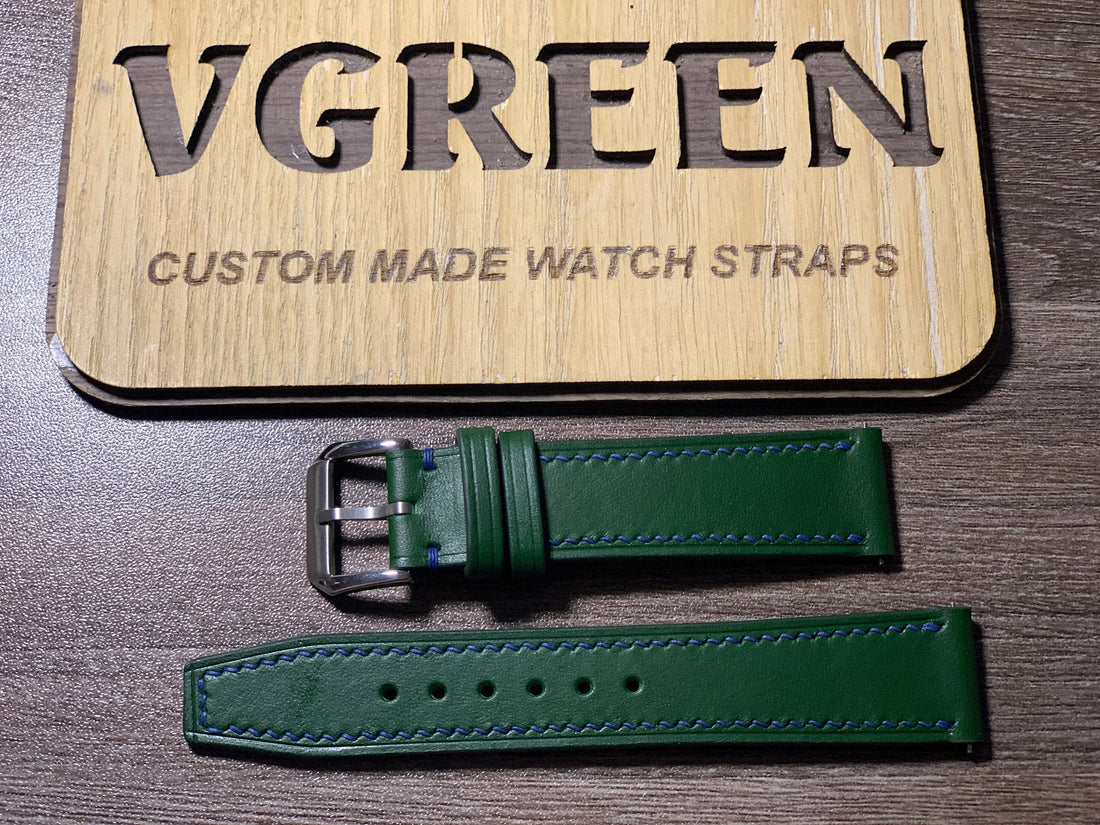 Green Buttero leather watch strap for Seiko Presage SRPB43 with royal blue side stitching