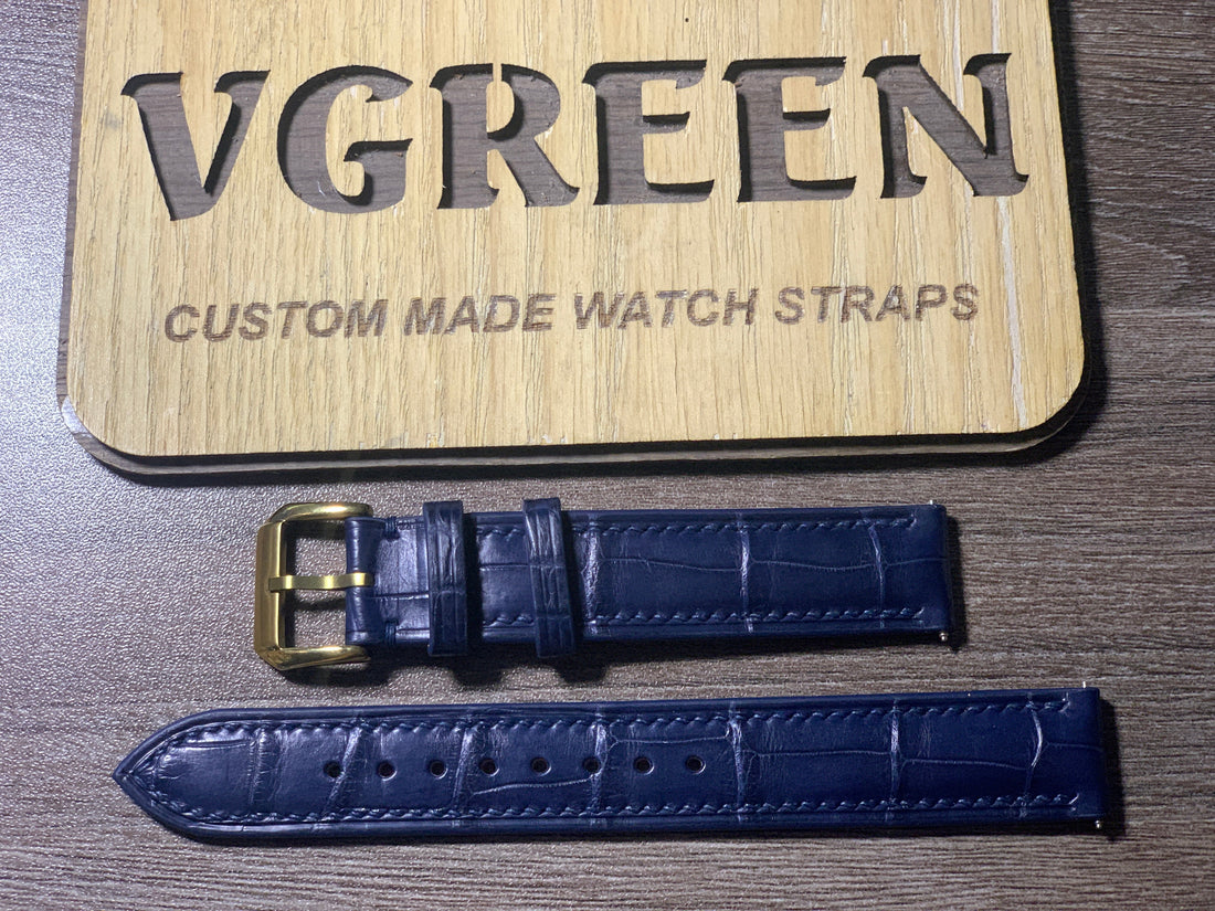 Dark blue crocodile watch strap for Patek Calatrava 3445, gold buckle