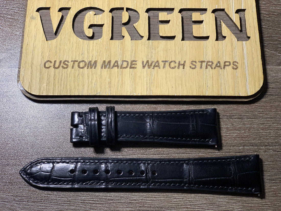 Black crocodile watch strap for Zenith Doublematic, white side stitching
