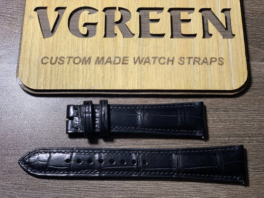 Black crocodile watch strap for Zenith Doublematic, white side stitching
