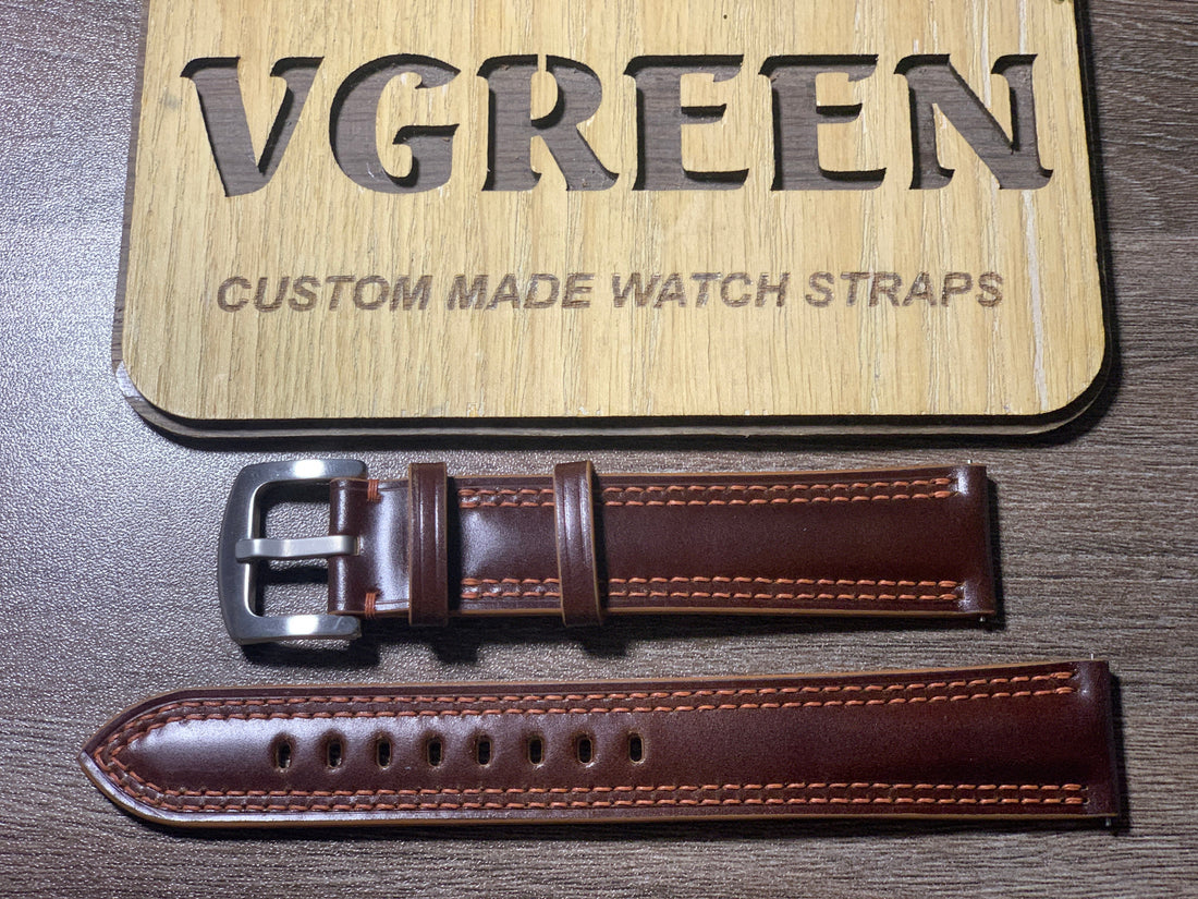 Cognac shell cordovan watch strap for Seiko SKX009, brown contrast stitching