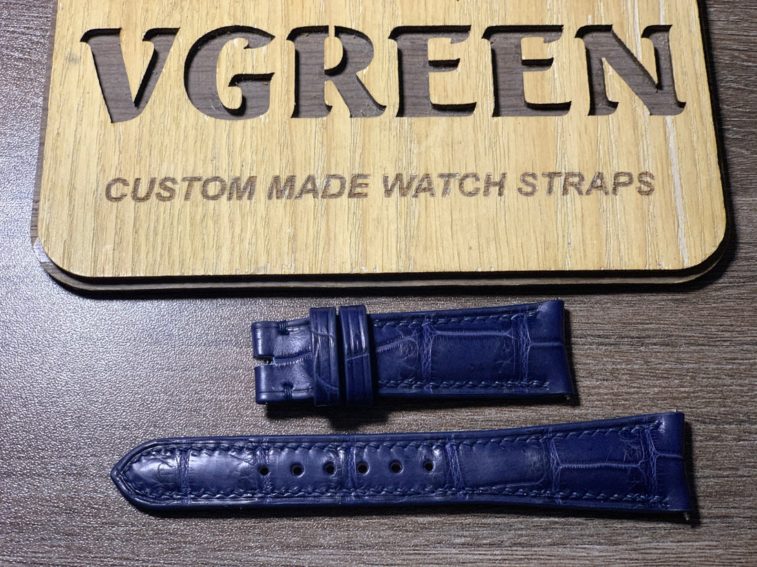 Navy crocodile leather watch strap with curved ends, made for a Roger Dubuis Hommage, in a VGreen box