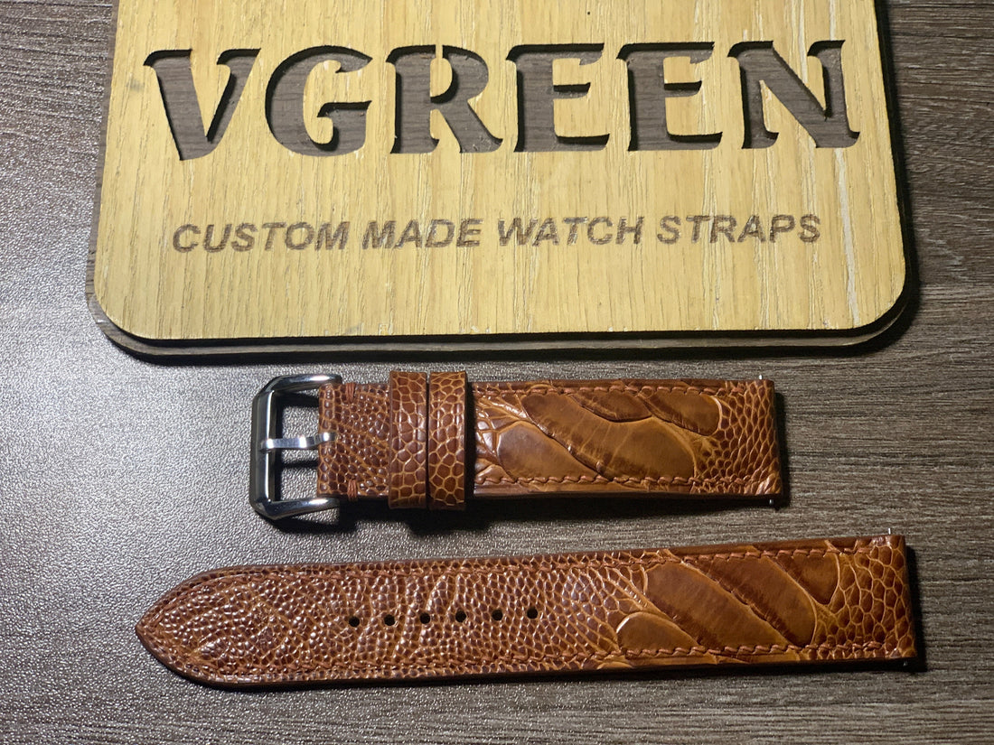 Rooibos ostrich leg strap for TAG Heuer Aquaracer Alarm, tapered to 20.5mm at the lugs