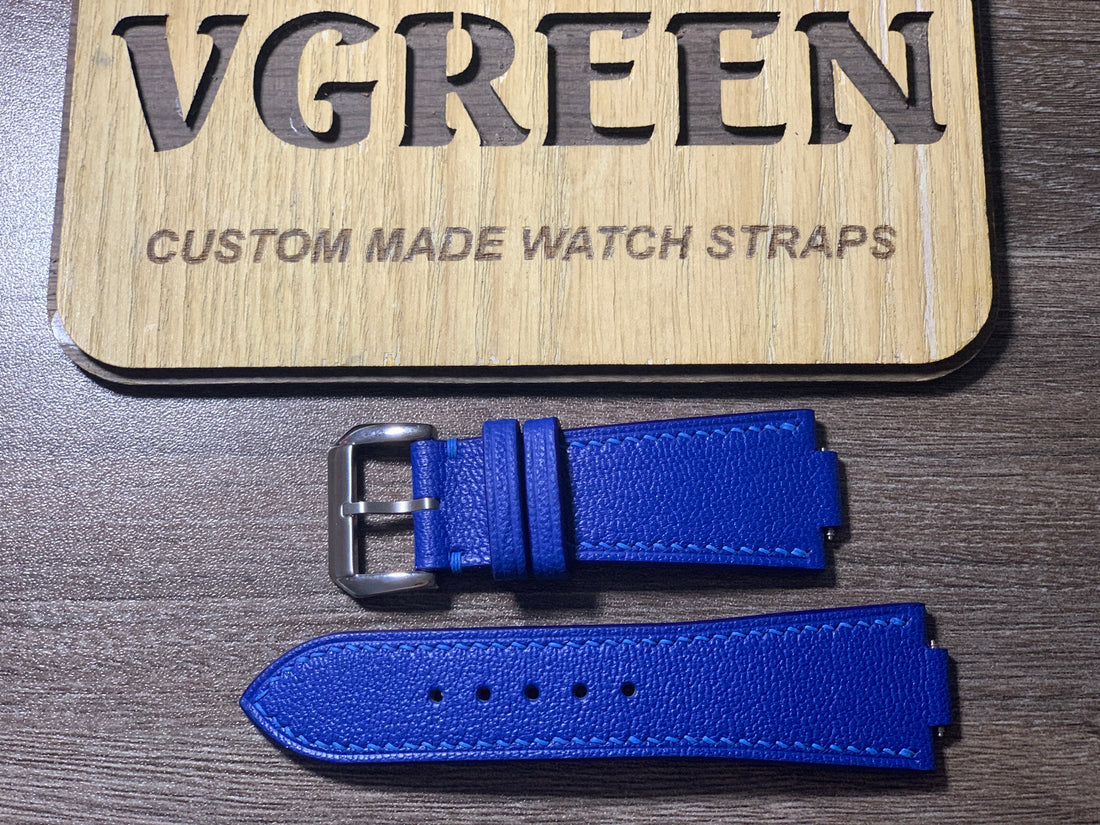 Blue Alran leather corner-notched watch strap for a vintage Omega Seamaster, 65/105 mm length
