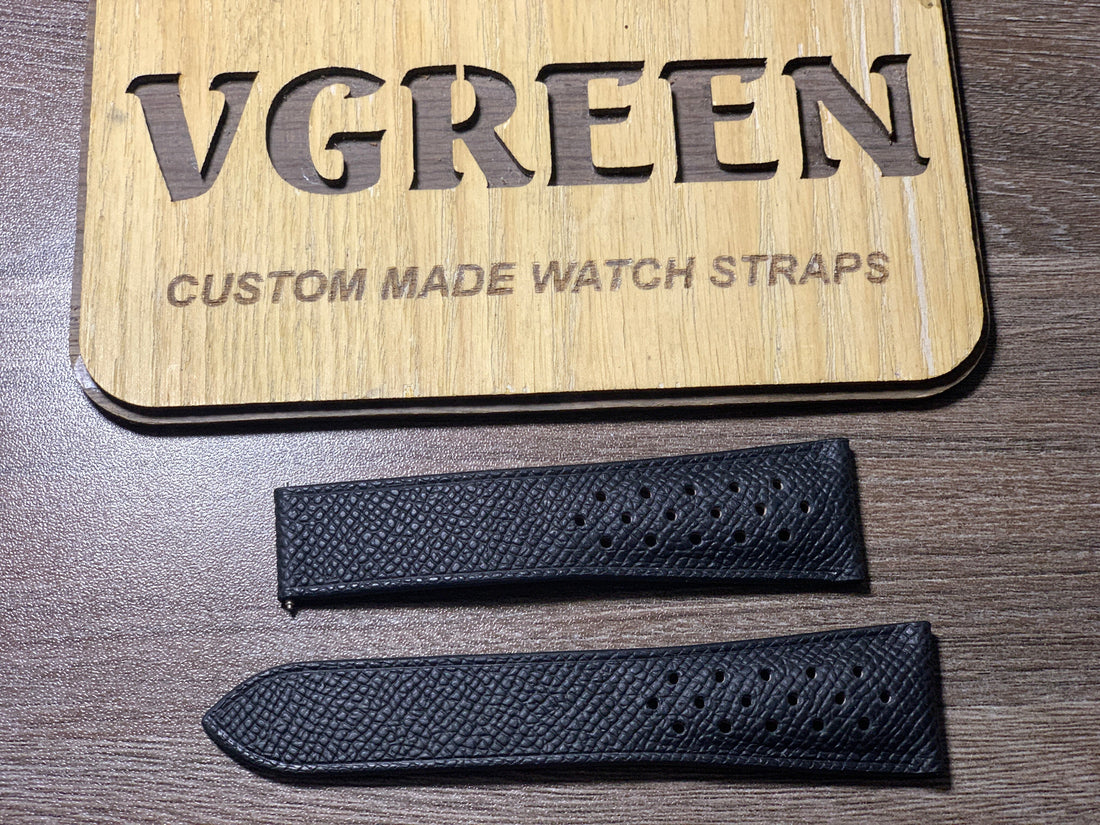 Black Epsom racing watch strap for Nixon Sentry with perforations and no stitching
