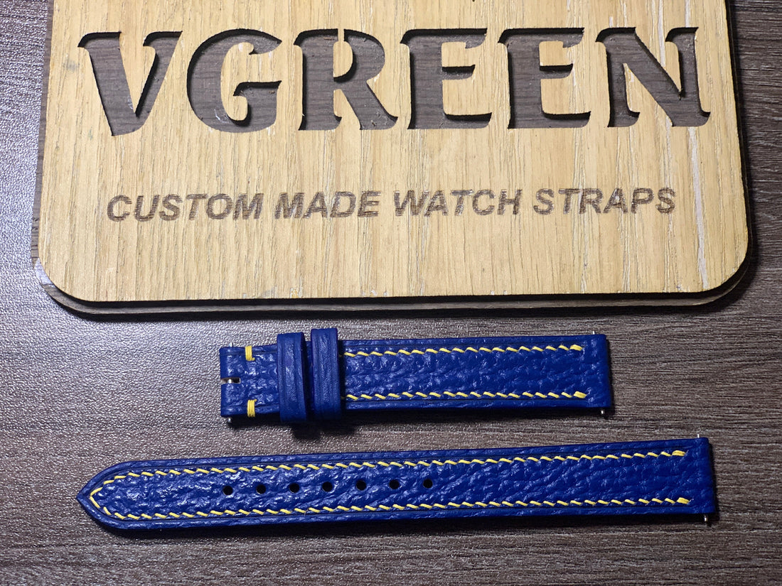 Blue shark skin watch strap with yellow stitching for Breitling J Class