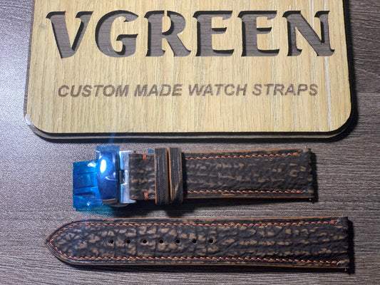 Brown shark skin watch strap for Tudor Black Bay S&G GMT, stainless deployant clasp