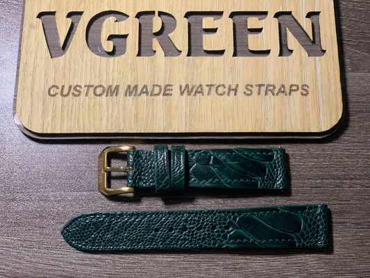 Green ostrich leg watch strap for vintage Omega De Ville, gold buckle