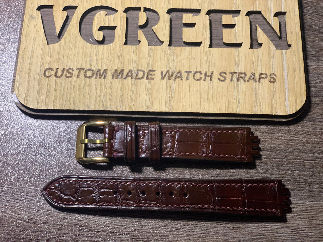 Oxblood brown crocodile watch strap for Omega De Ville 396.1017 with rose gold buckle