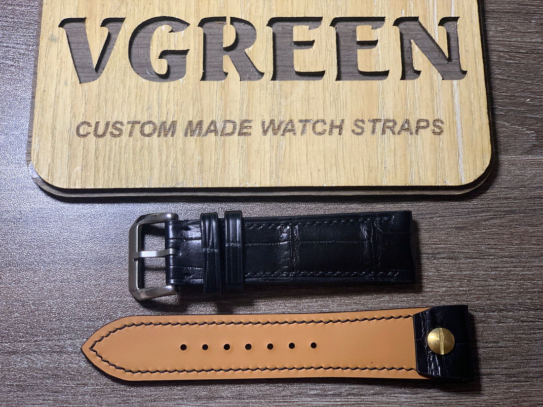 Black crocodile open-ended watch strap for Tudor Pelagos 42, side stitched with tapered tip