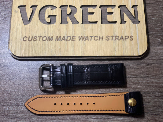 Black crocodile open-ended watch strap for Tudor Pelagos 42, side stitched with tapered tip