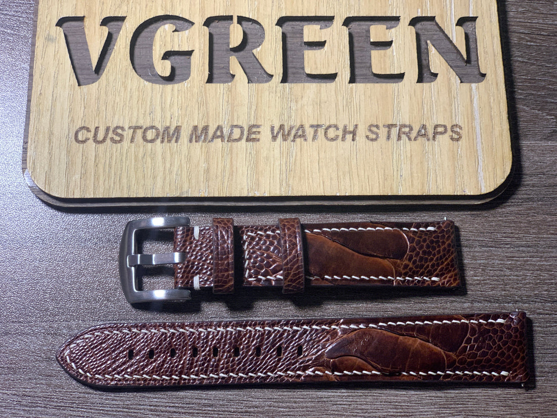 Dark brown ostrich leg watch strap for Seiko SPB377, creamy white stitching