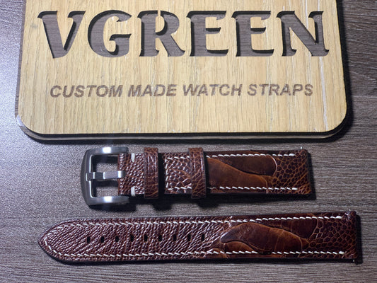 Dark brown ostrich leg watch strap for Seiko SPB377, creamy white stitching