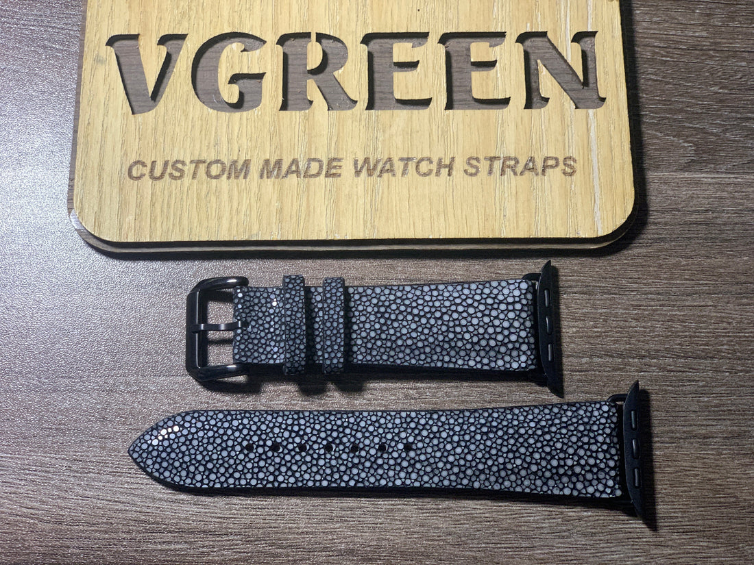 Black stingray watch strap for Apple Watch Series 11, padded with color-matched black adapter